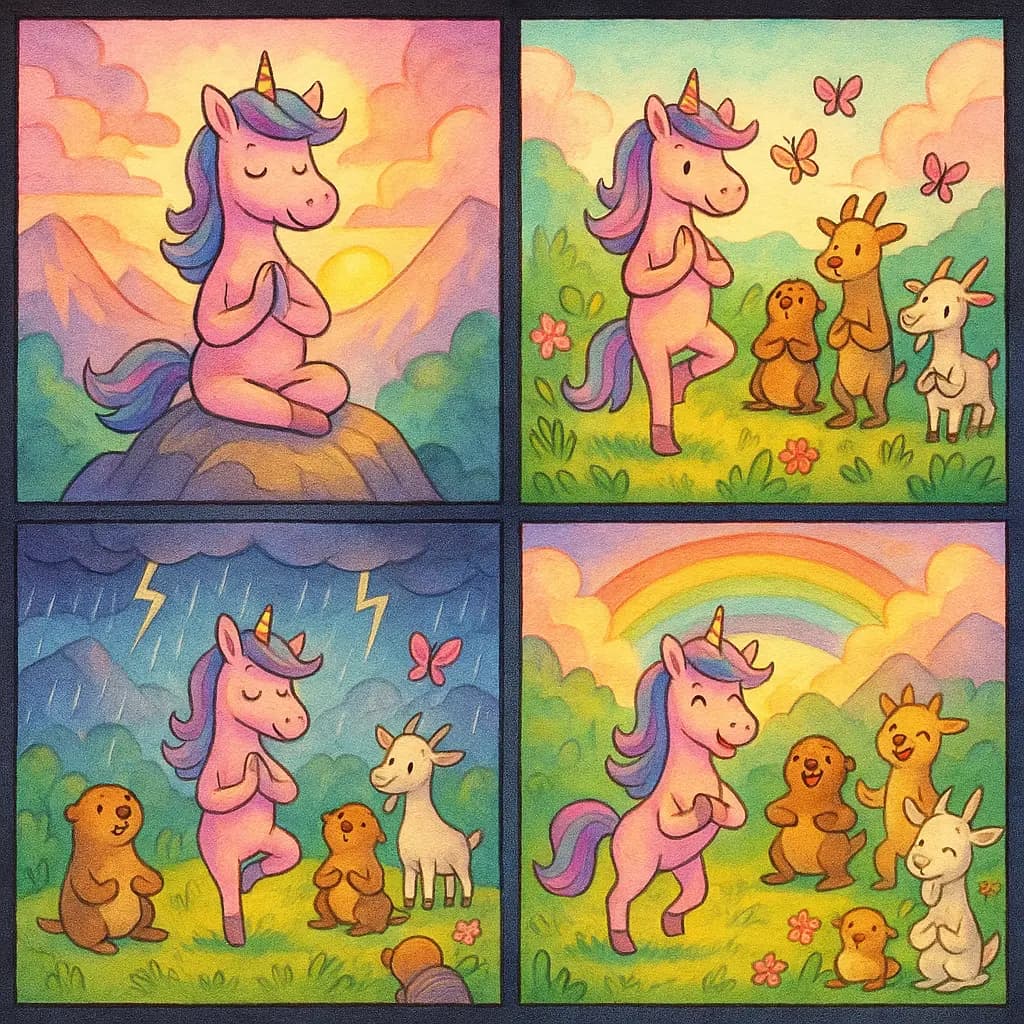 Fábula del Unicornio Yoga en las Cumbres de las Montañas